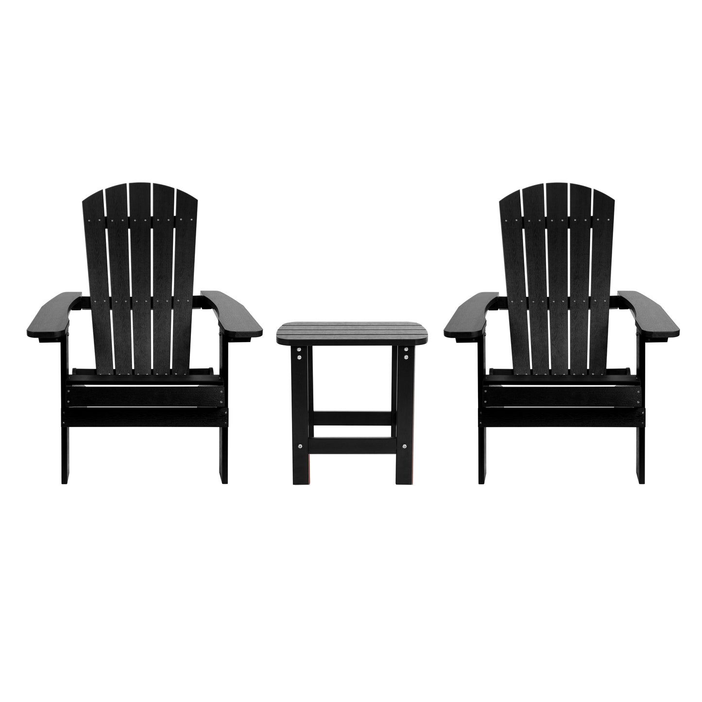 2 Pack Charlestown Commercial All-Weather Poly Resin Folding Adirondack Chairs with Side Table in Black Black JJ-C14505-2-T14001-BLK-GG