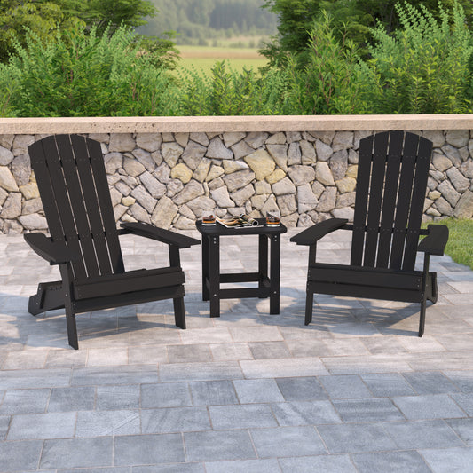 2 Pack Charlestown Commercial All-Weather Poly Resin Folding Adirondack Chairs with Side Table in Black Black JJ-C14505-2-T14001-BLK-GG