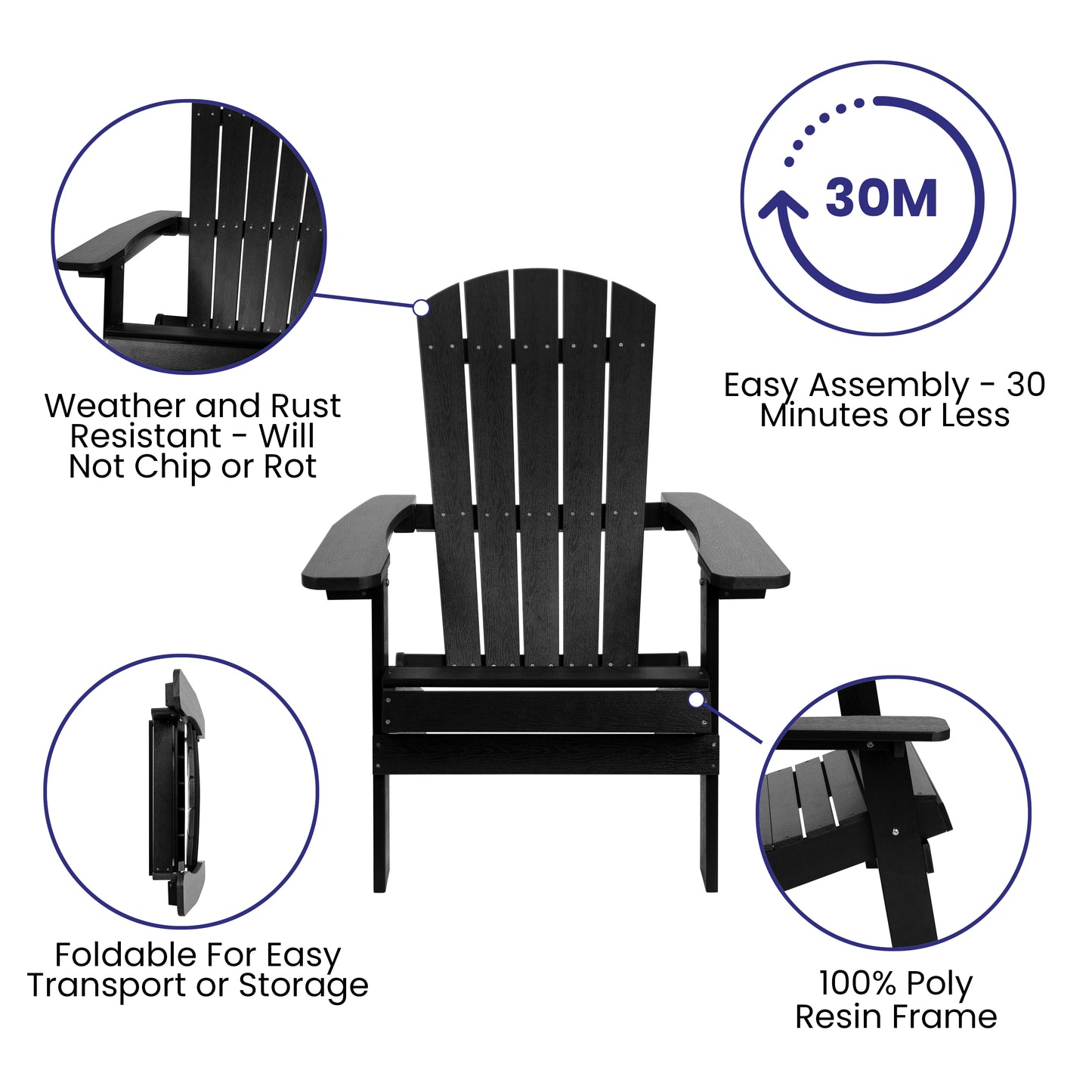 2 Pack Charlestown Commercial All-Weather Poly Resin Folding Adirondack Chairs with Side Table in Black Black JJ-C14505-2-T14001-BLK-GG