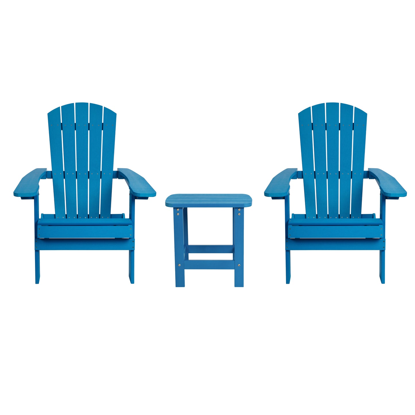 2 Pack Charlestown Commercial All-Weather Poly Resin Folding Adirondack Chairs with Side Table in Blue Blue JJ-C14505-2-T14001-BLU-GG