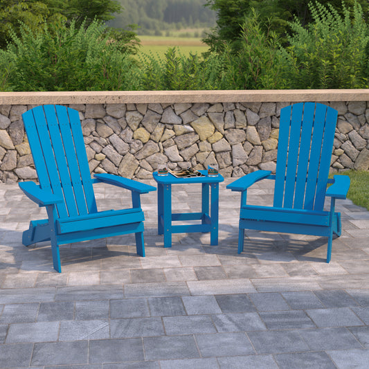 2 Pack Charlestown Commercial All-Weather Poly Resin Folding Adirondack Chairs with Side Table in Blue Blue JJ-C14505-2-T14001-BLU-GG