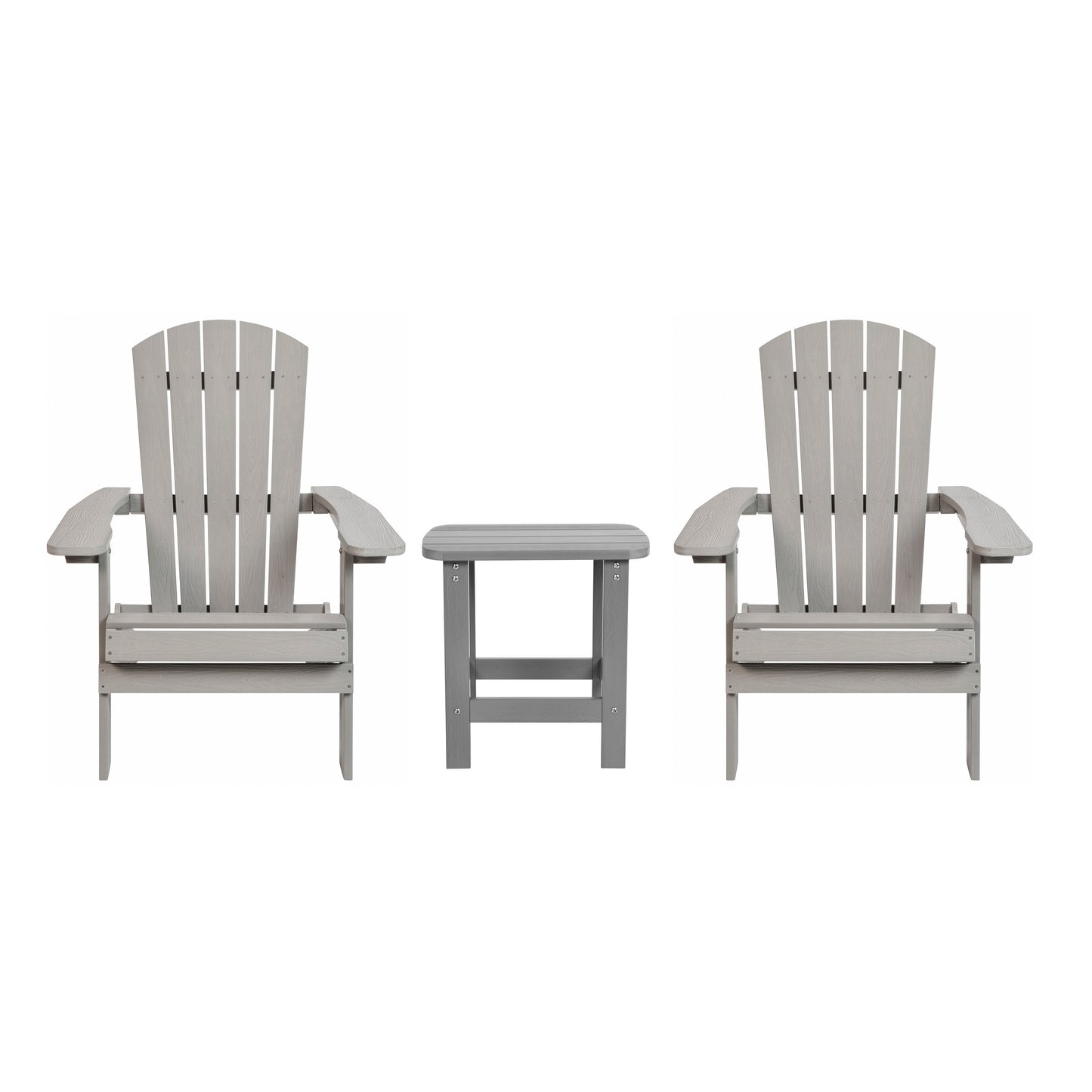 2 Pack Charlestown Commercial All-Weather Poly Resin Folding Adirondack Chairs with Side Table in Gray Gray JJ-C14505-2-T14001-GY-GG