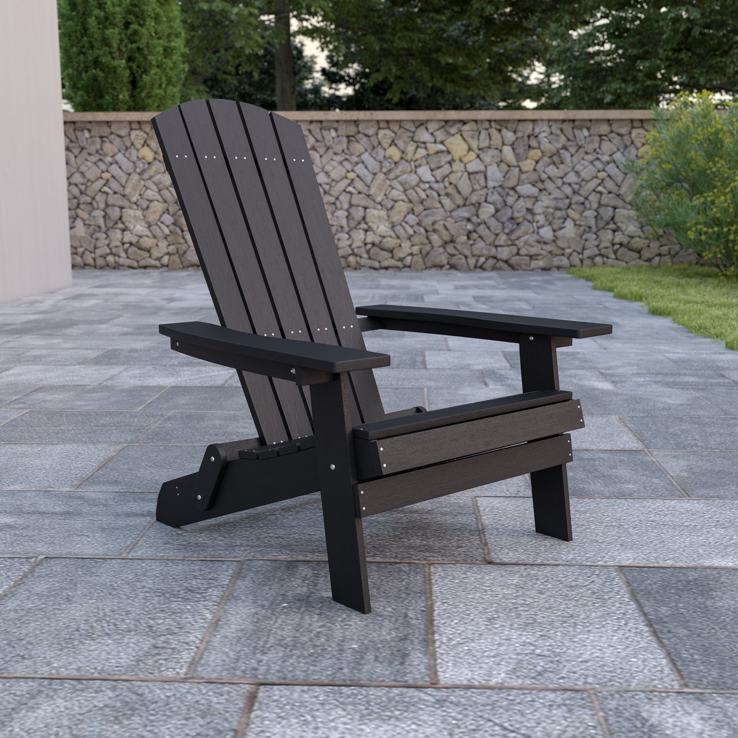 Charlestown Commercial All-Weather Poly Resin Indoor/Outdoor Folding Adirondack Chair in Black Black JJ-C14505-BLK-GG