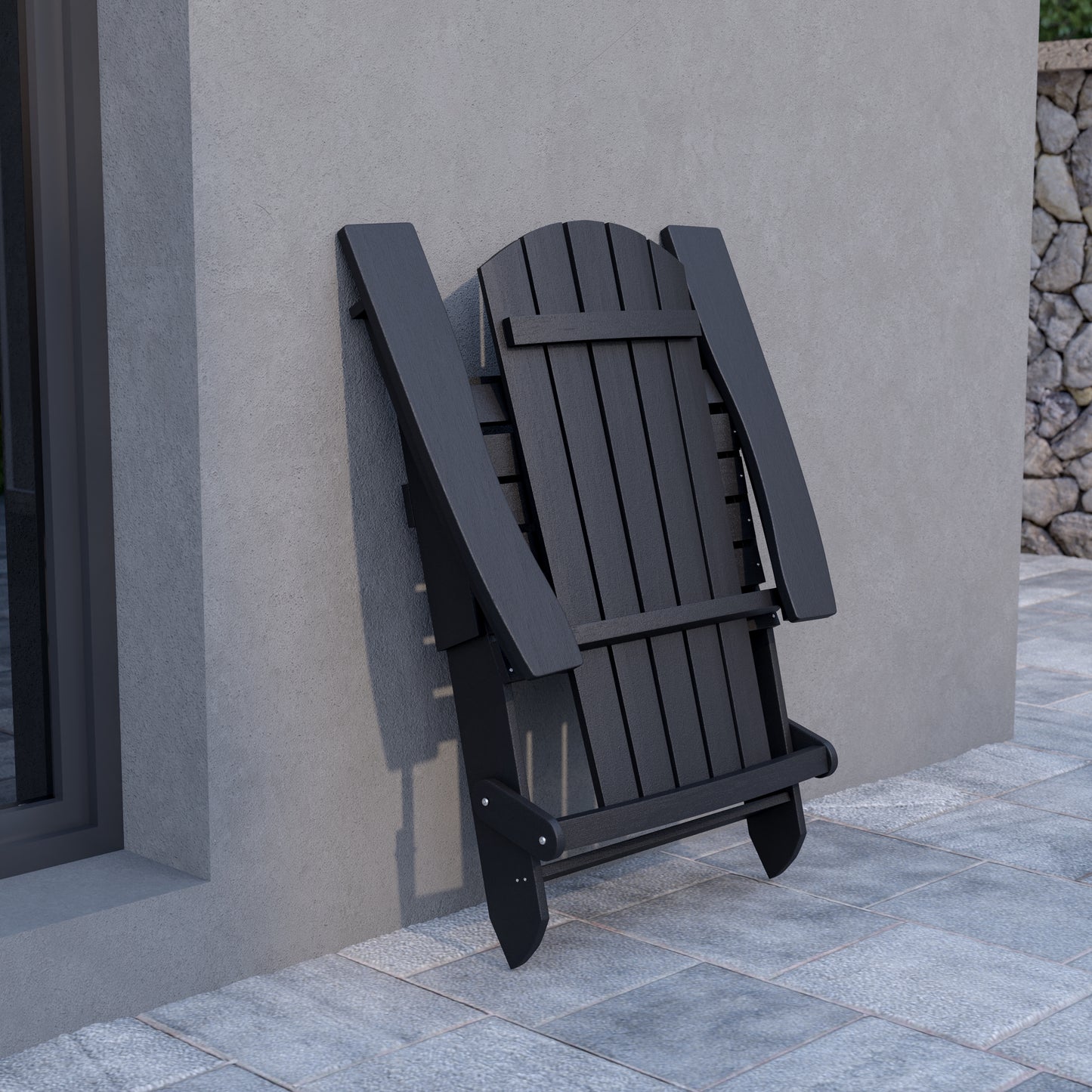 Charlestown Commercial All-Weather Poly Resin Indoor/Outdoor Folding Adirondack Chair in Black Black JJ-C14505-BLK-GG