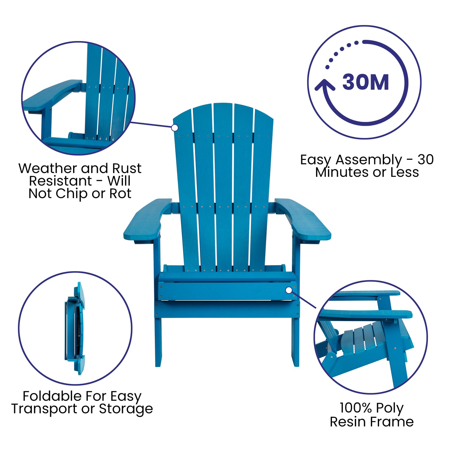Charlestown Commercial All-Weather Poly Resin Indoor/Outdoor Folding Adirondack Chair in Blue Blue