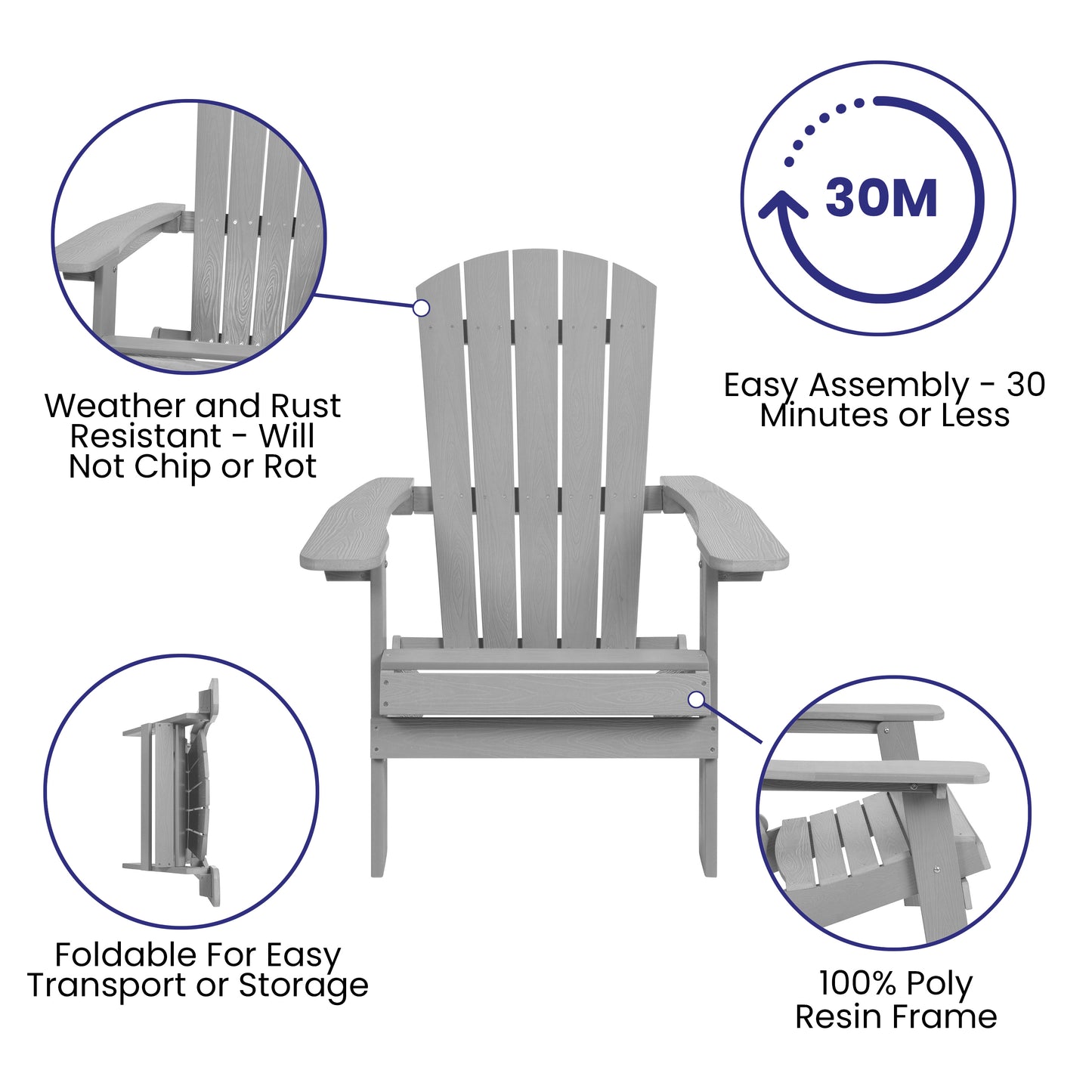 Charlestown Commercial All-Weather Poly Resin Indoor/Outdoor Folding Adirondack Chair in Gray Gray