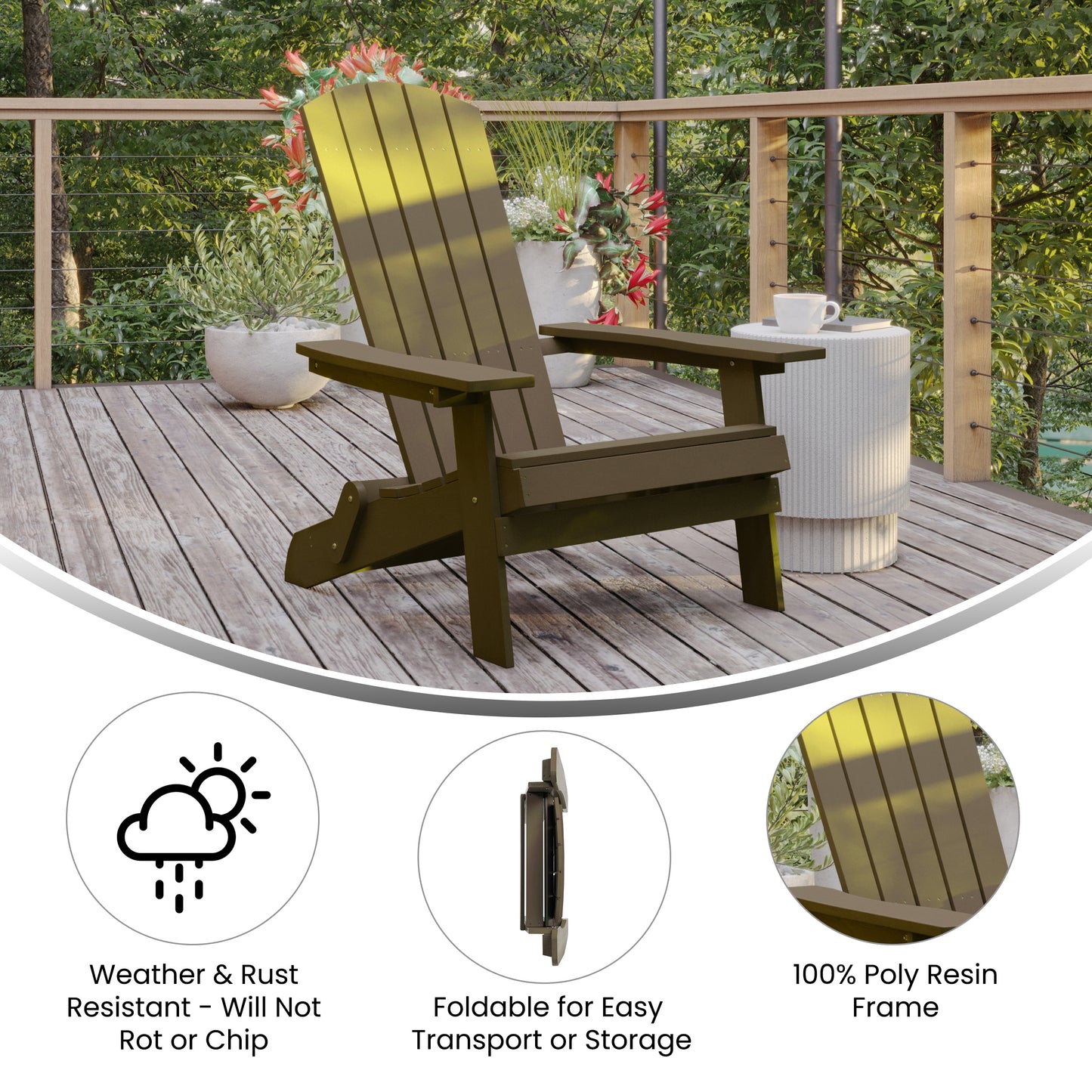 Charlestown Commercial Folding Adirondack Chair - Mahogany - Poly Resin - Indoor/Outdoor - Weather Resistant Mahogany