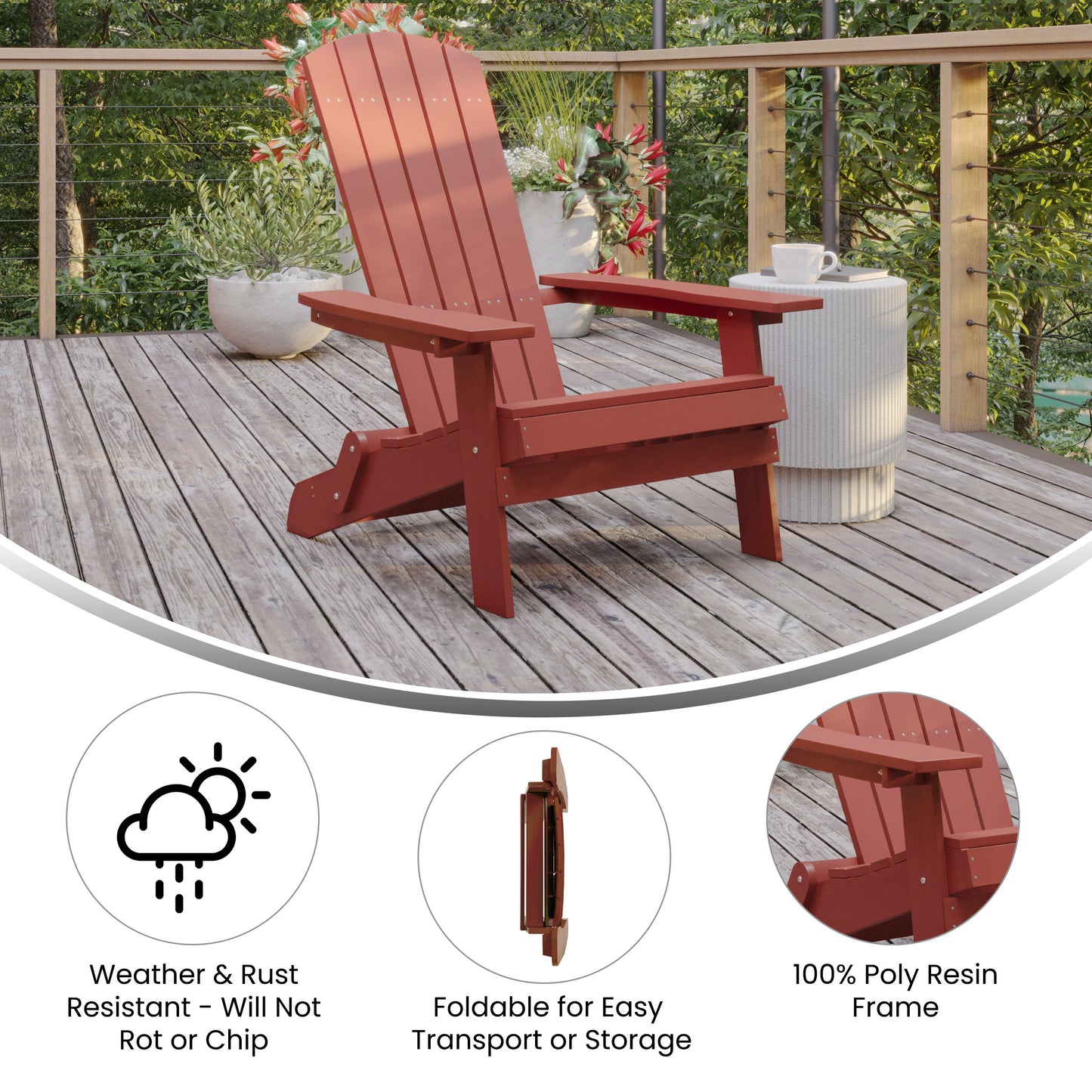 Charlestown Commercial Folding Adirondack Chair - Red - Poly Resin - Indoor/Outdoor - Weather Resistant Red JJ-C14505-RED-GG