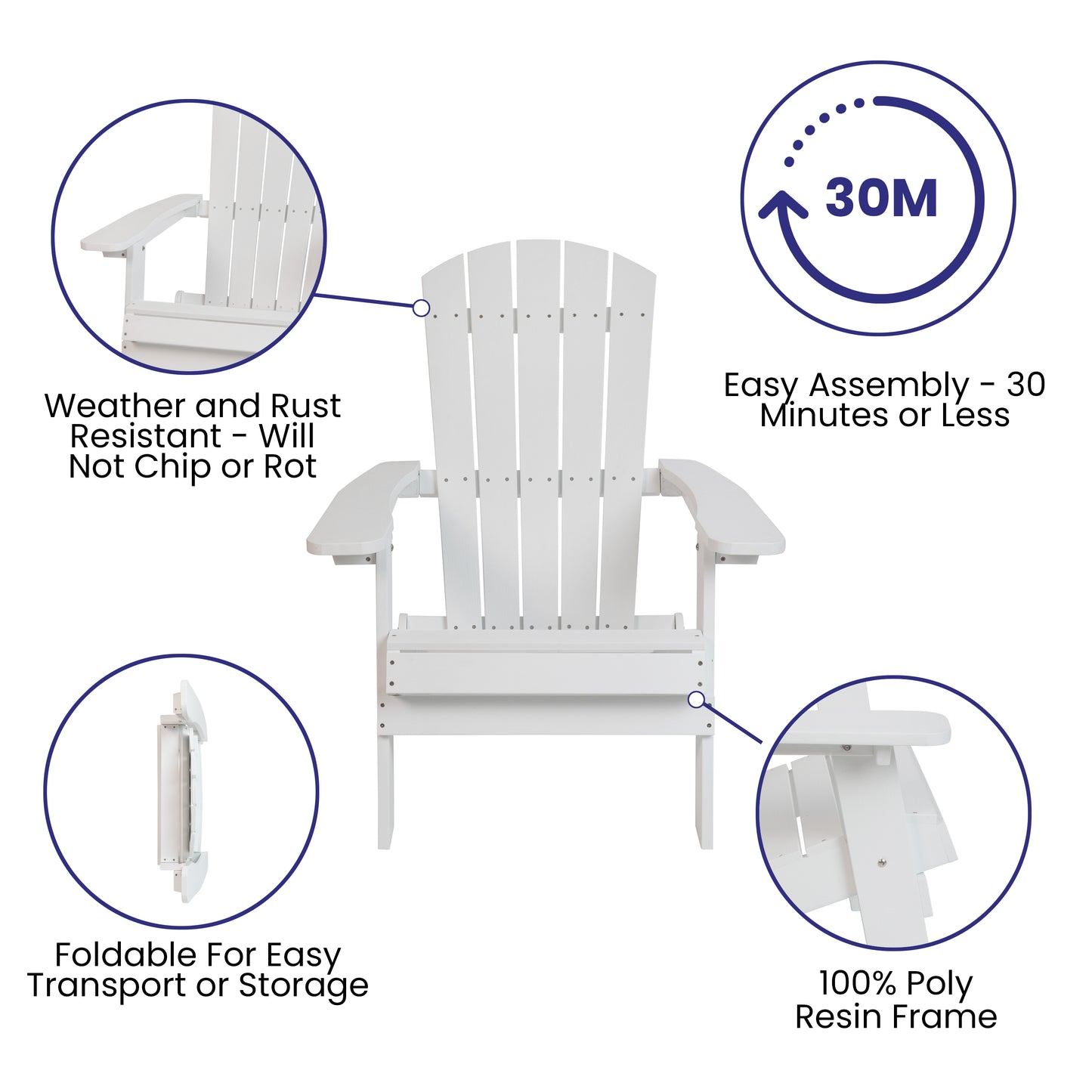 Charlestown Commercial All-Weather Poly Resin Indoor/Outdoor Folding Adirondack Chair in White White