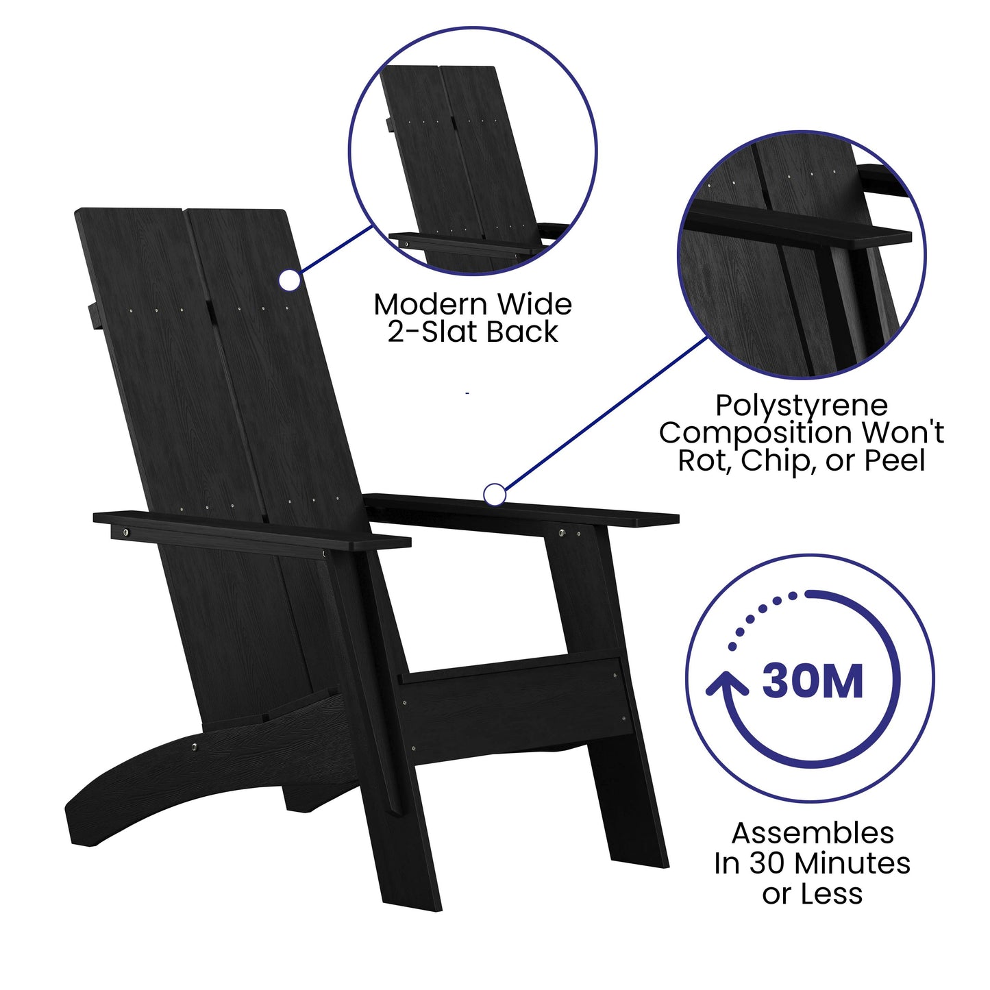 Sawyer Modern Commercial All-Weather Poly Resin Wood Adirondack Chair in Black Black