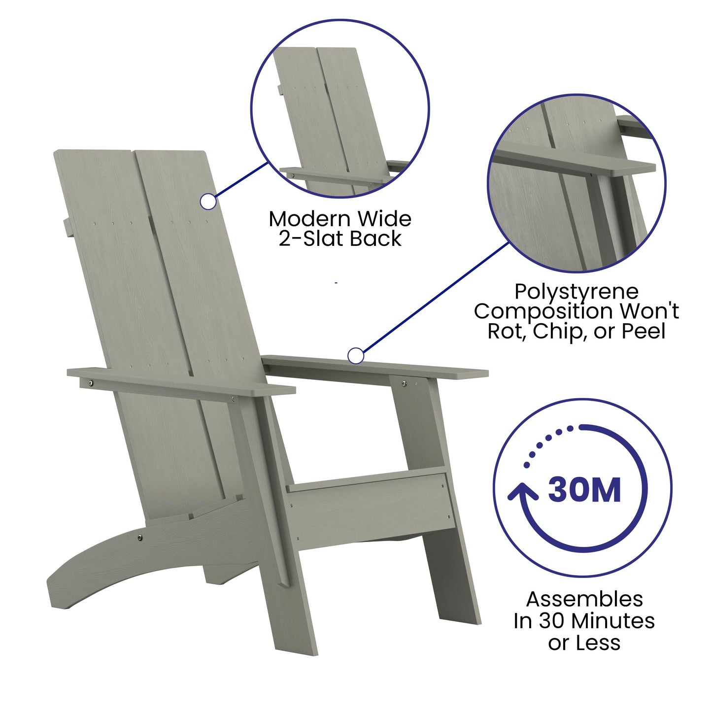 Sawyer Modern Commercial All-Weather Poly Resin Wood Adirondack Chair in Gray Gray