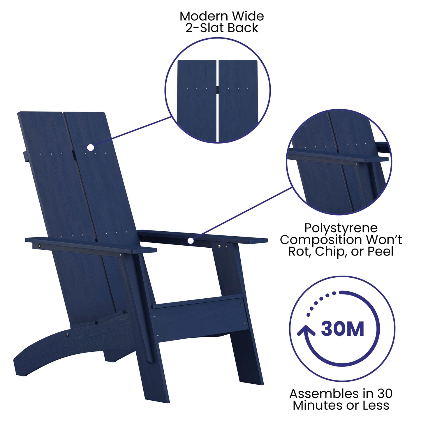 Sawyer Modern Commercial All-Weather Poly Resin Wood Adirondack Chair in Navy Navy
