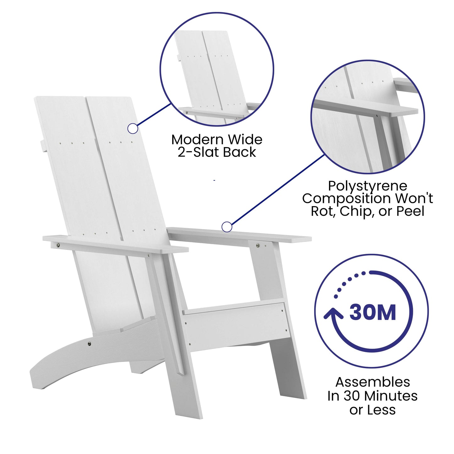 Sawyer Modern Commercial All-Weather Poly Resin Wood Adirondack Chair in White White