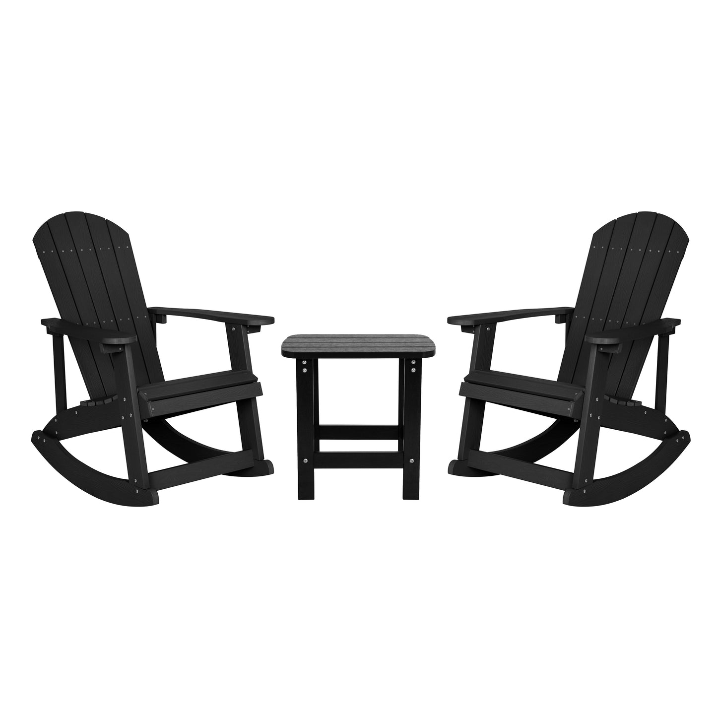 Set of 2 Savannah Commercial Grade All-Weather Poly Resin Wood Adirondack Rocking Chairs with Side Table in Black Black