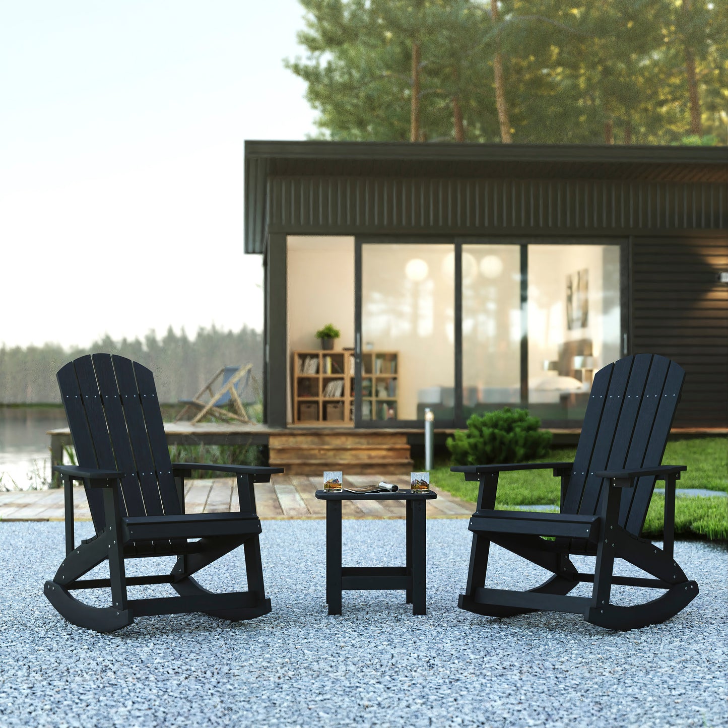 Set of 2 Savannah Commercial Grade All-Weather Poly Resin Wood Adirondack Rocking Chairs with Side Table in Black Black