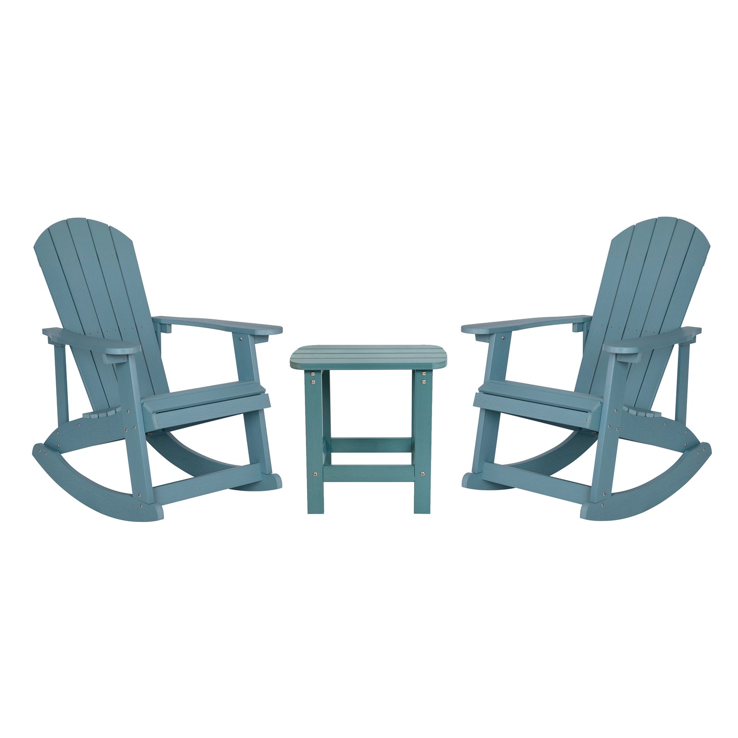 Set of 2 Savannah Commercial Grade All-Weather Poly Resin Wood Adirondack Rocking Chairs with Side Table in Sea Foam Sea Foam