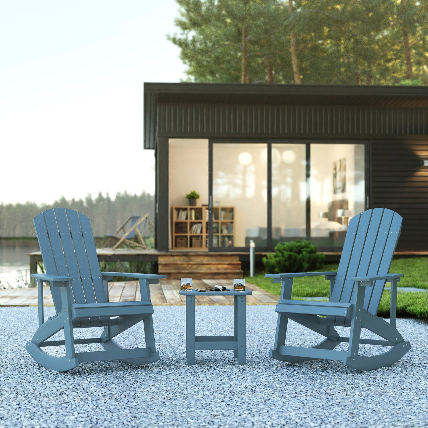 Set of 2 Savannah Commercial Grade All-Weather Poly Resin Wood Adirondack Rocking Chairs with Side Table in Sea Foam Sea Foam