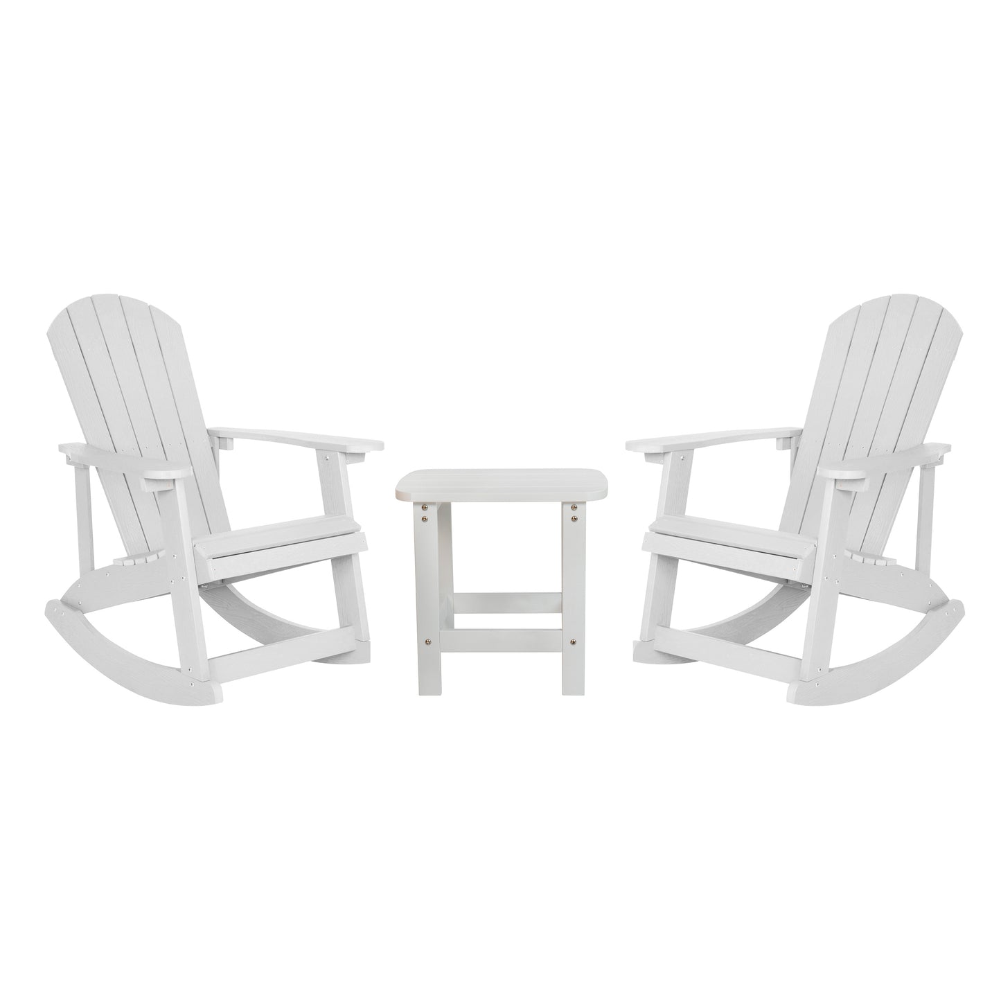 Set of 2 Savannah Commercial Grade All-Weather Poly Resin Wood Adirondack Rocking Chairs with Side Table in White White JJ-C14705-2-T14001-WH-GG
