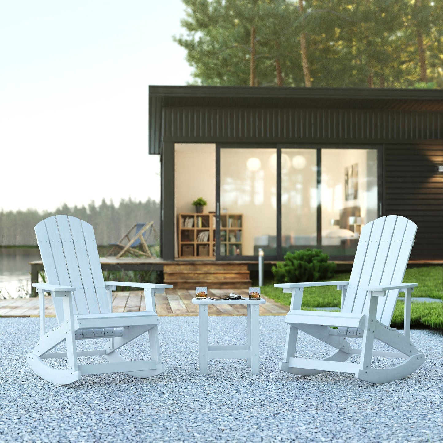 Set of 2 Savannah Commercial Grade All-Weather Poly Resin Wood Adirondack Rocking Chairs with Side Table in White White JJ-C14705-2-T14001-WH-GG