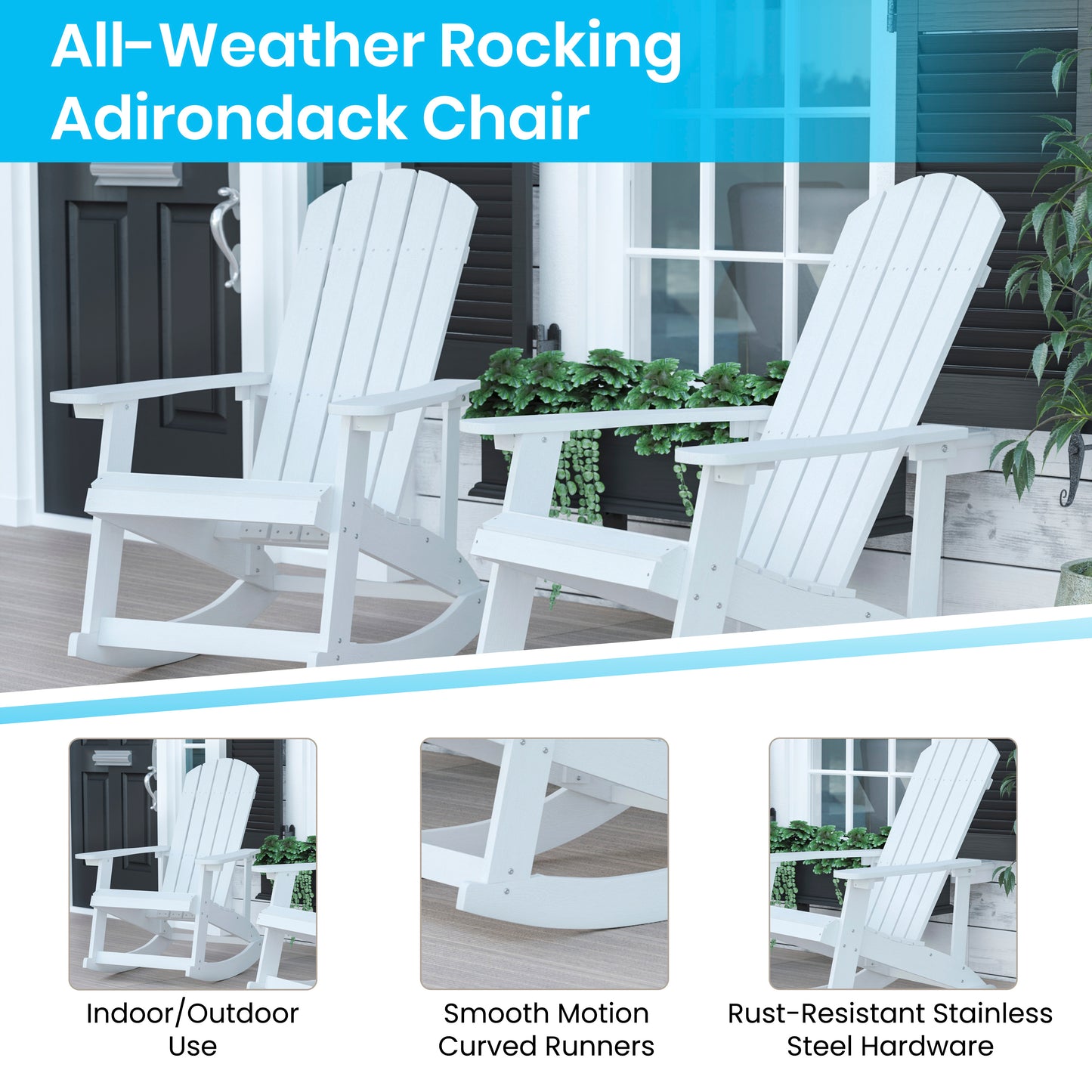 Set of 2 Savannah Commercial Grade All-Weather Poly Resin Wood Adirondack Rocking Chairs with Side Table in White White JJ-C14705-2-T14001-WH-GG