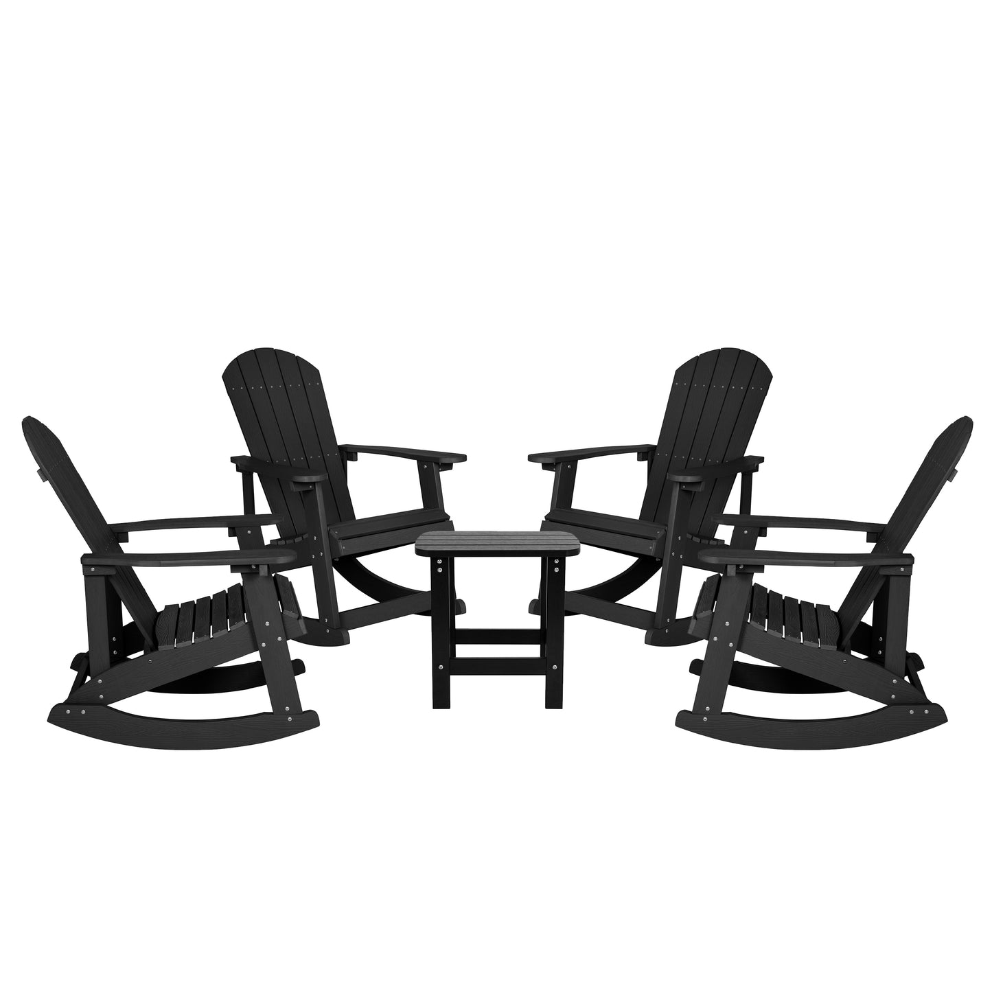 Set of 4 Savannah Commercial Grade All-Weather Poly Resin Wood Adirondack Rocking Chairs with Side Table in Black Black