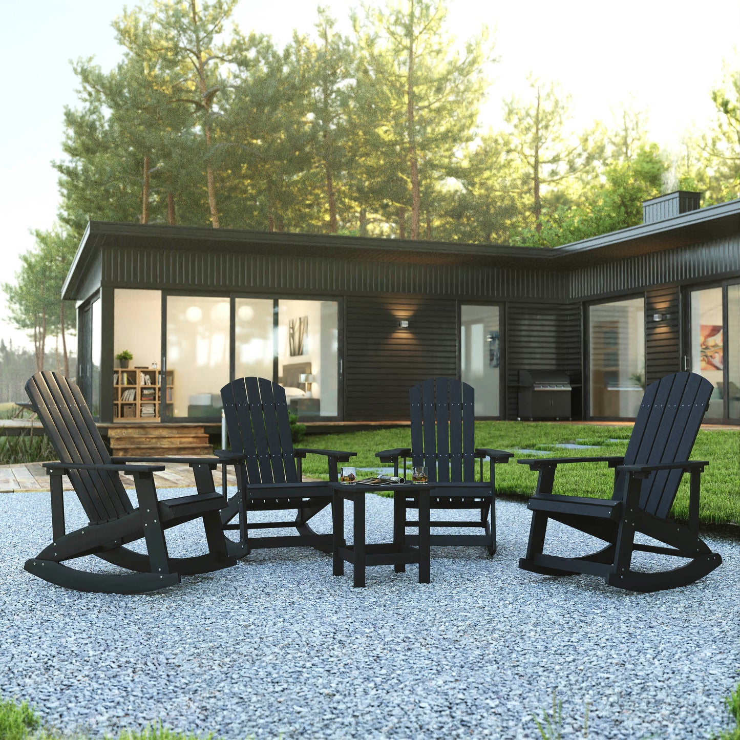 Set of 4 Savannah Commercial Grade All-Weather Poly Resin Wood Adirondack Rocking Chairs with Side Table in Black Black