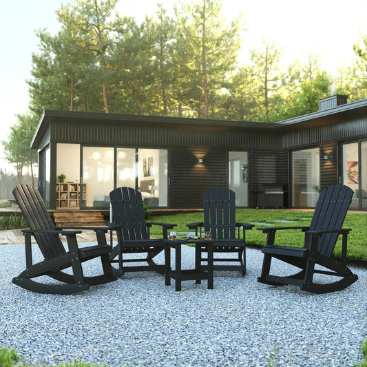 Set of 4 Savannah Commercial Grade All-Weather Poly Resin Wood Adirondack Rocking Chairs with Side Table in Black Black