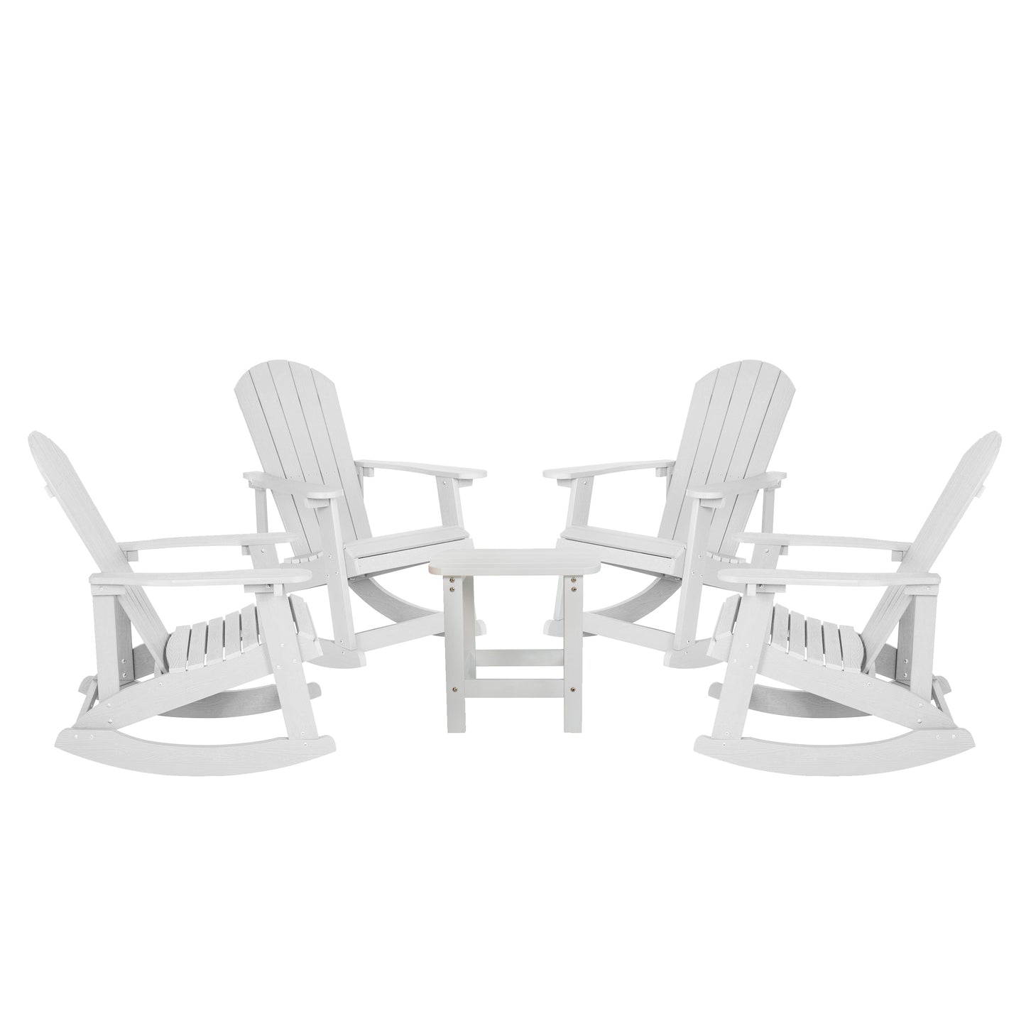 Set of 4 Savannah Commercial Grade All-Weather Poly Resin Wood Adirondack Rocking Chairs with Side Table in White White