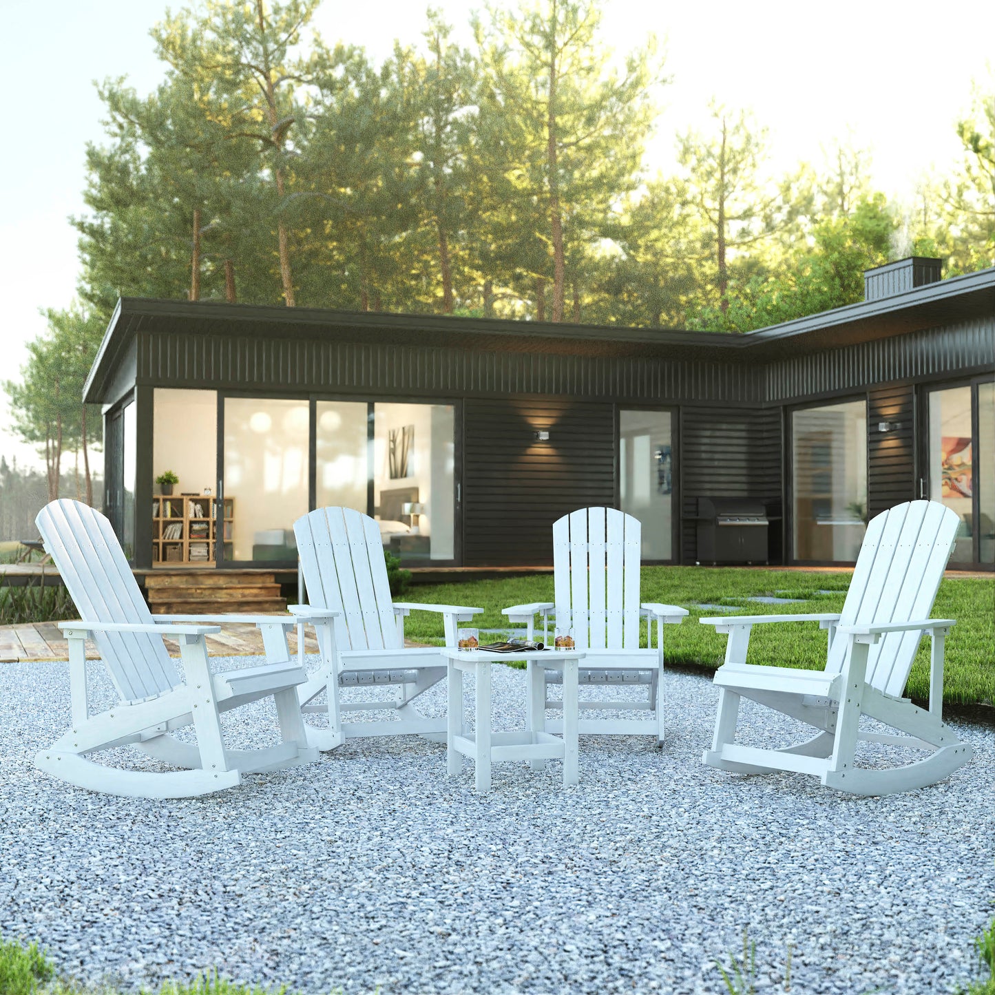 Set of 4 Savannah Commercial Grade All-Weather Poly Resin Wood Adirondack Rocking Chairs with Side Table in White White