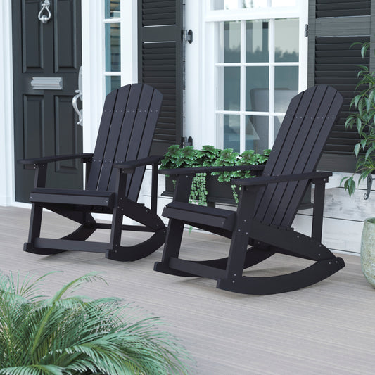 Savannah Commercial Grade All-Weather Poly Resin Wood Adirondack Rocking Chair with Rust Resistant Stainless Steel Hardware in Black - Set of 2 Black