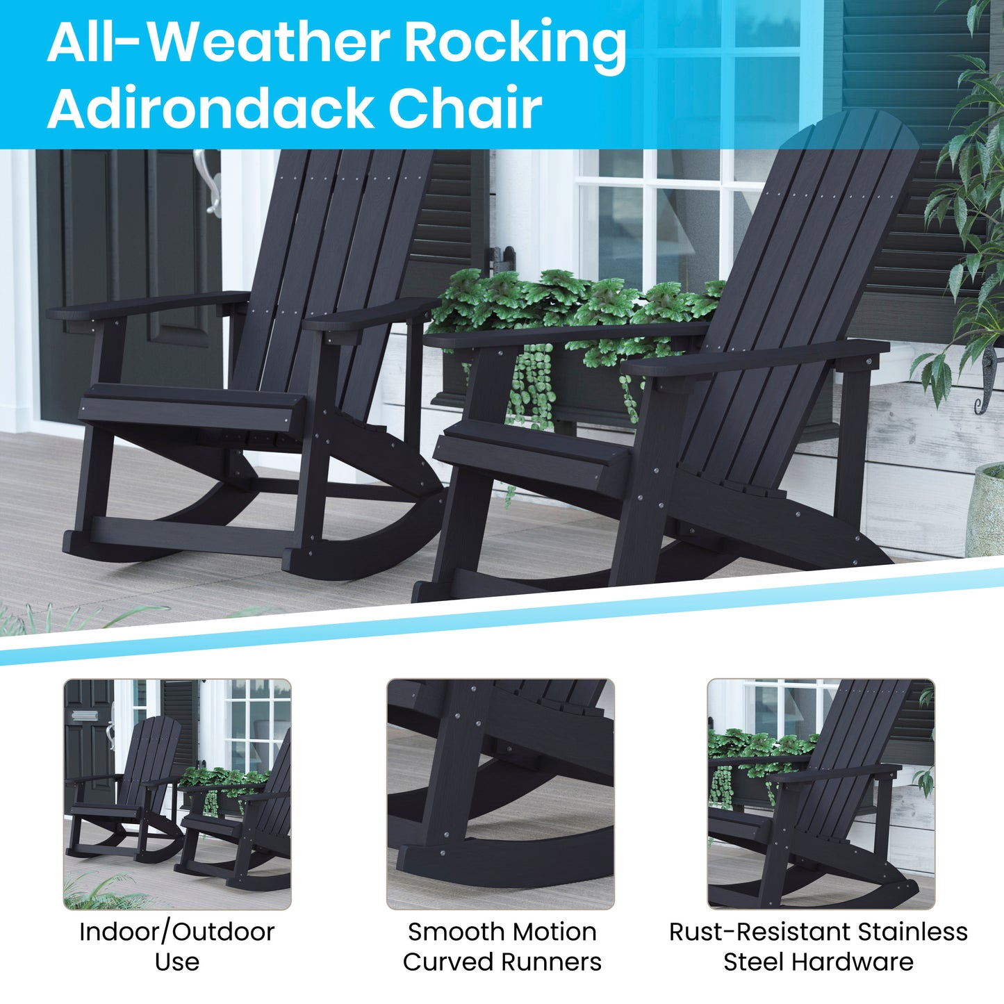 Savannah Commercial Grade All-Weather Poly Resin Wood Adirondack Rocking Chair with Rust Resistant Stainless Steel Hardware in Black - Set of 2 Black