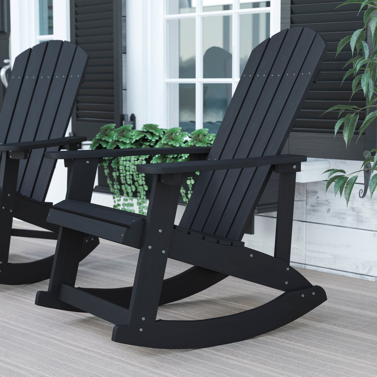 Savannah Commercial Grade All-Weather Poly Resin Wood Adirondack Rocking Chair with Rust Resistant Stainless Steel Hardware in Black Black