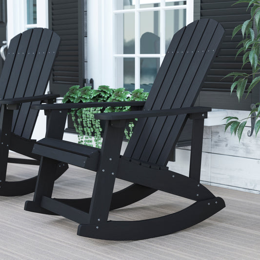 Savannah Commercial Grade All-Weather Poly Resin Wood Adirondack Rocking Chair with Rust Resistant Stainless Steel Hardware in Black Black
