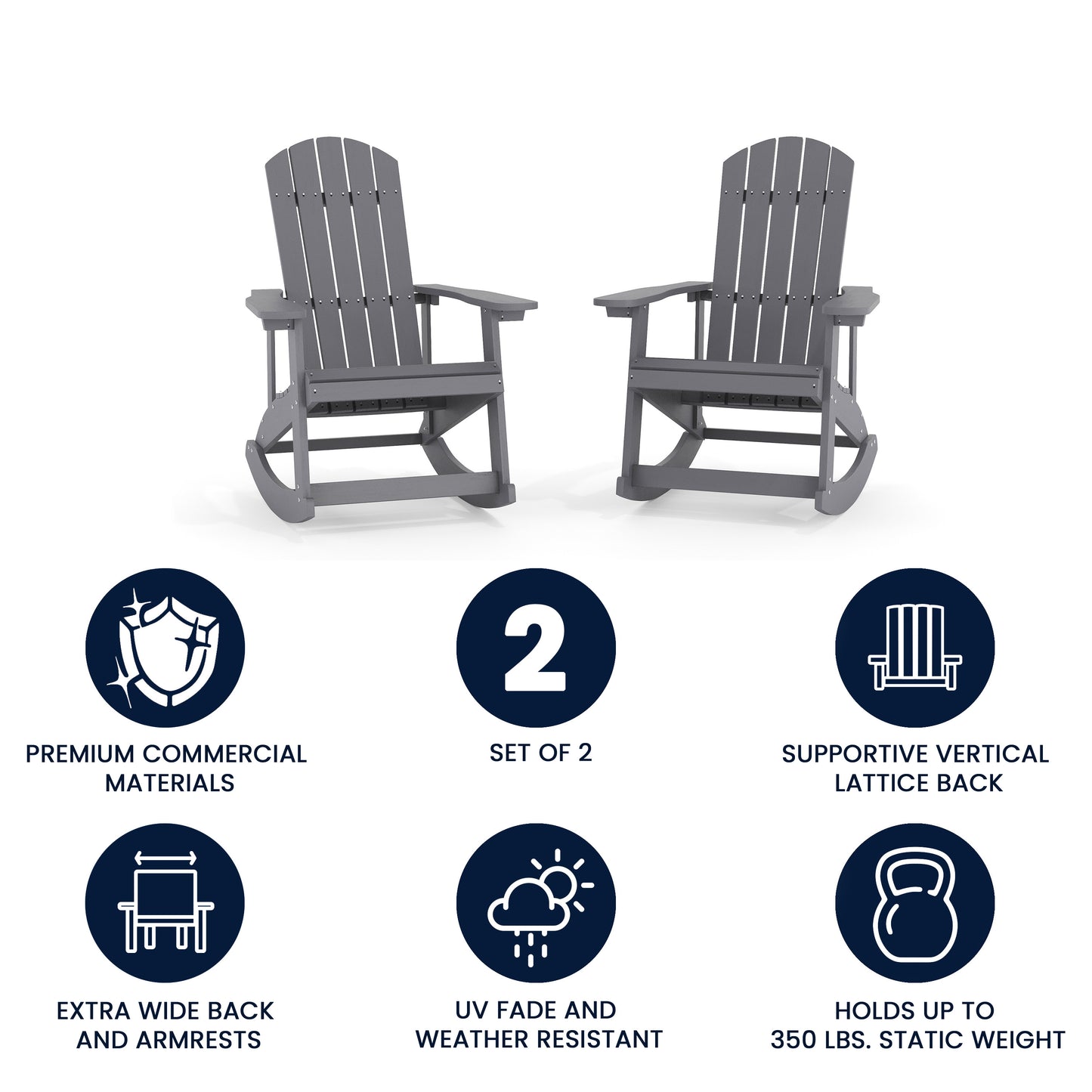 Savannah Commercial Grade All-Weather Poly Resin Wood Adirondack Rocking Chair with Rust Resistant Stainless Steel Hardware in Gray - Set of 2 Light Gray