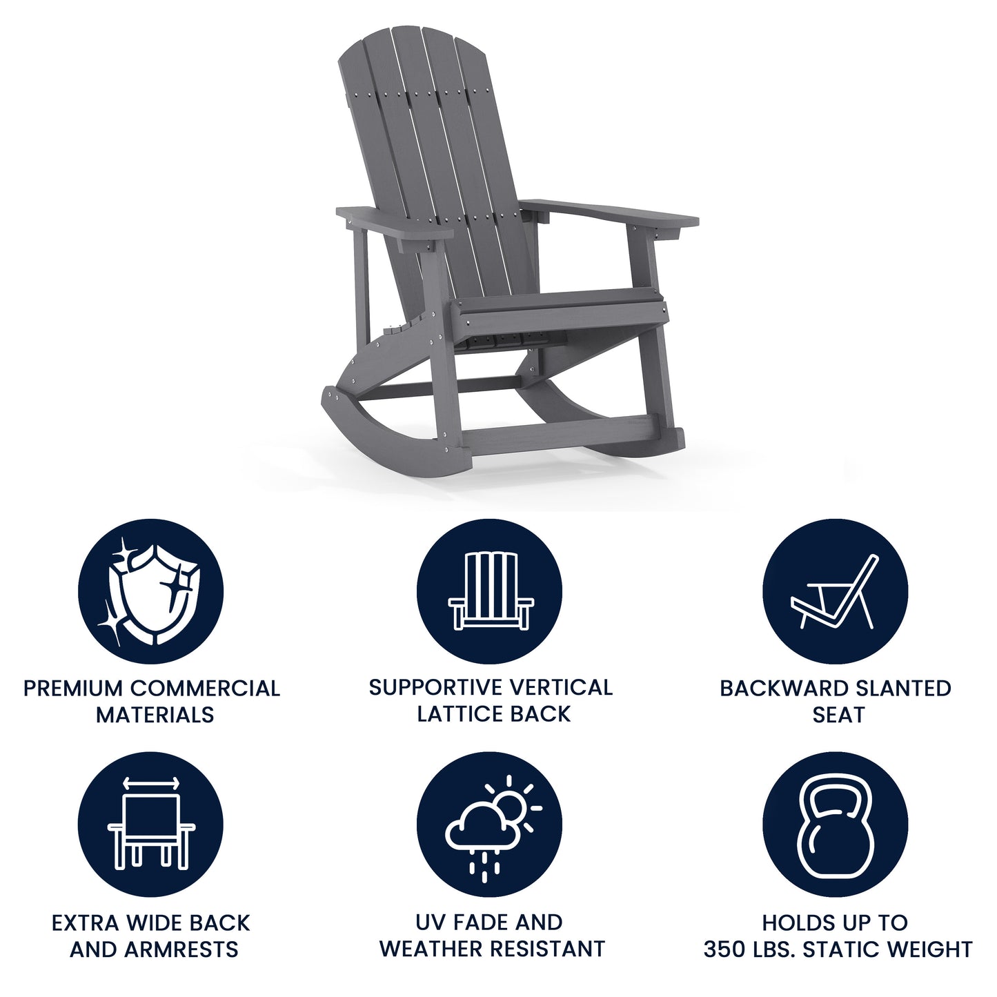 Savannah Commercial Grade All-Weather Poly Resin Wood Adirondack Rocking Chair with Rust Resistant Stainless Steel Hardware in Gray Light Gray