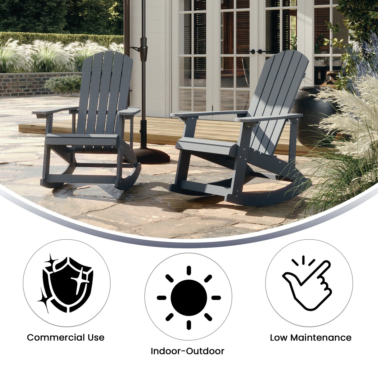 Savannah Commercial Grade All-Weather Poly Resin Wood Adirondack Rocking Chair with Rust Resistant Stainless Steel Hardware in Gray Light Gray