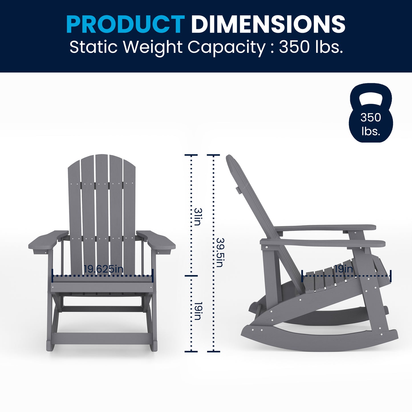 Savannah Commercial Grade All-Weather Poly Resin Wood Adirondack Rocking Chair with Rust Resistant Stainless Steel Hardware in Gray Light Gray
