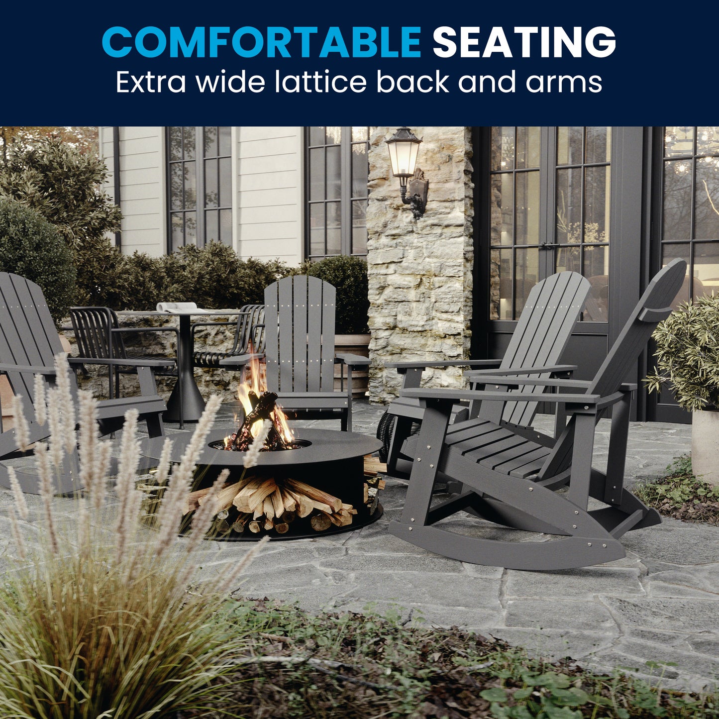 Savannah Commercial Grade All-Weather Poly Resin Wood Adirondack Rocking Chair with Rust Resistant Stainless Steel Hardware in Gray Light Gray