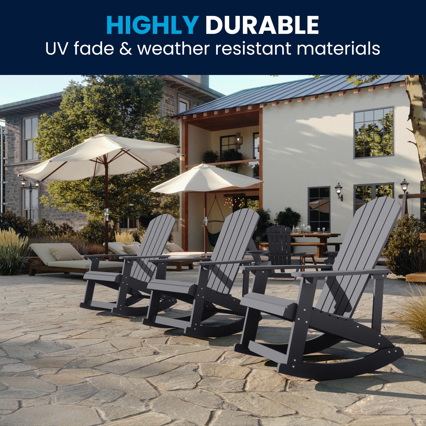 Savannah Commercial Grade All-Weather Poly Resin Wood Adirondack Rocking Chair with Rust Resistant Stainless Steel Hardware in Gray Light Gray
