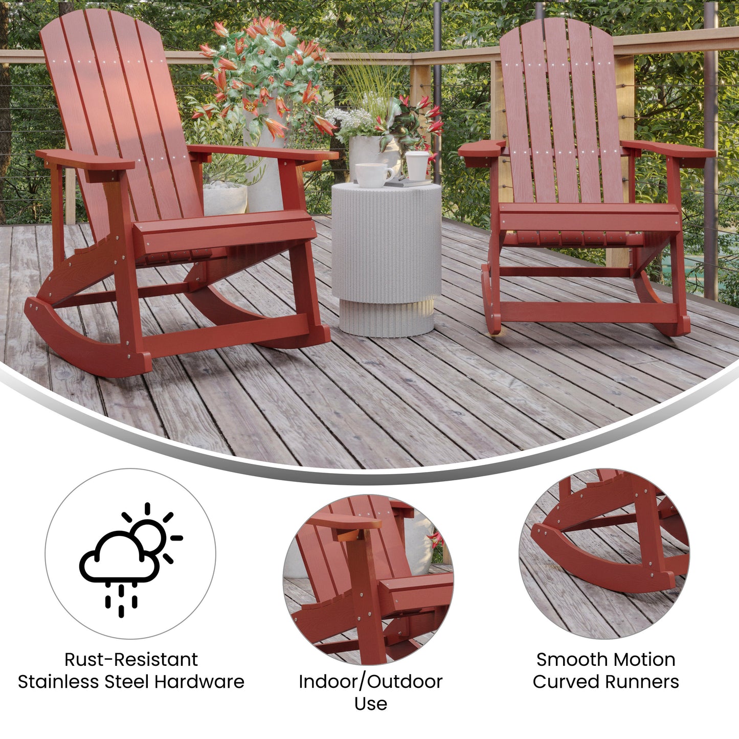 Savannah Poly Resin Wood Adirondack Rocking Chair - All Weather Red Polystyrene - Stainless Steel Hardware - Set of 2 Red JJ-C14705-RED-2-GG