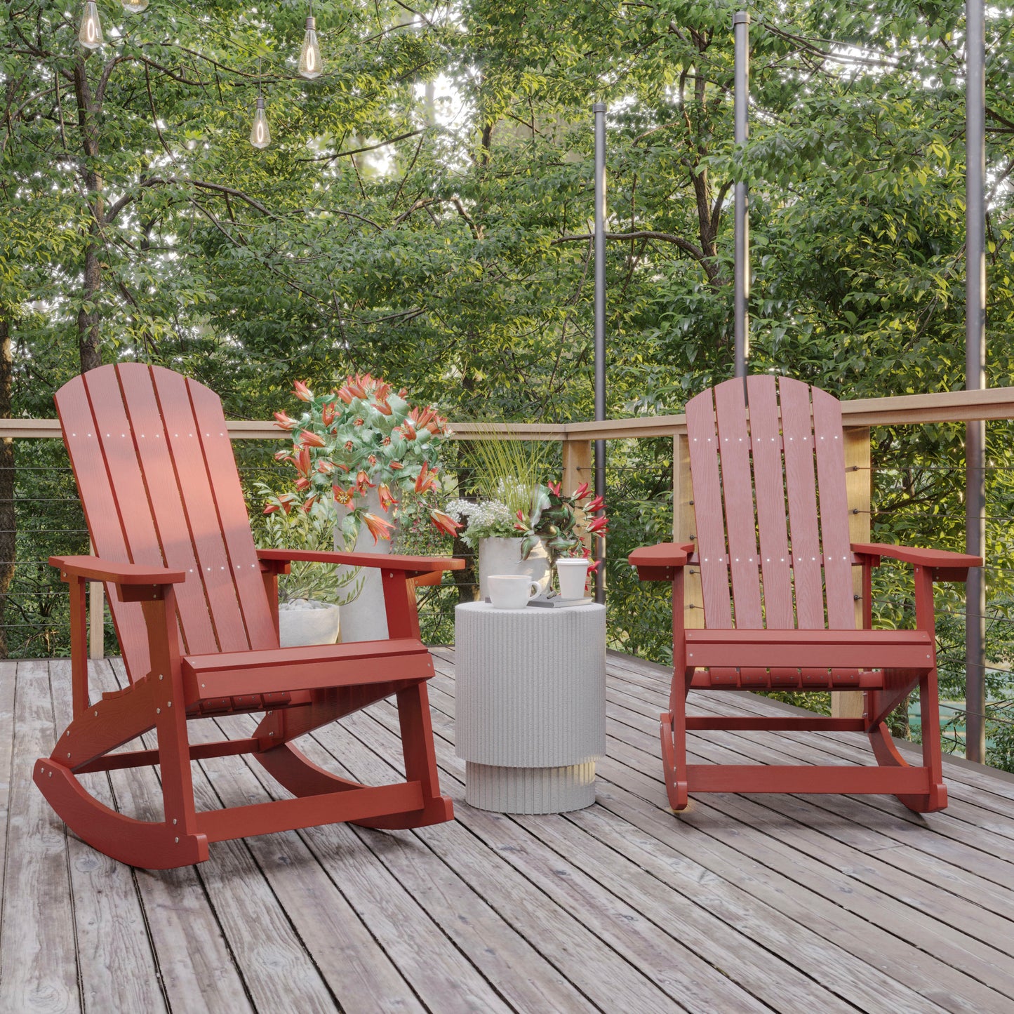Savannah Poly Resin Wood Adirondack Rocking Chair - All Weather Red Polystyrene - Stainless Steel Hardware - Set of 2 Red JJ-C14705-RED-2-GG