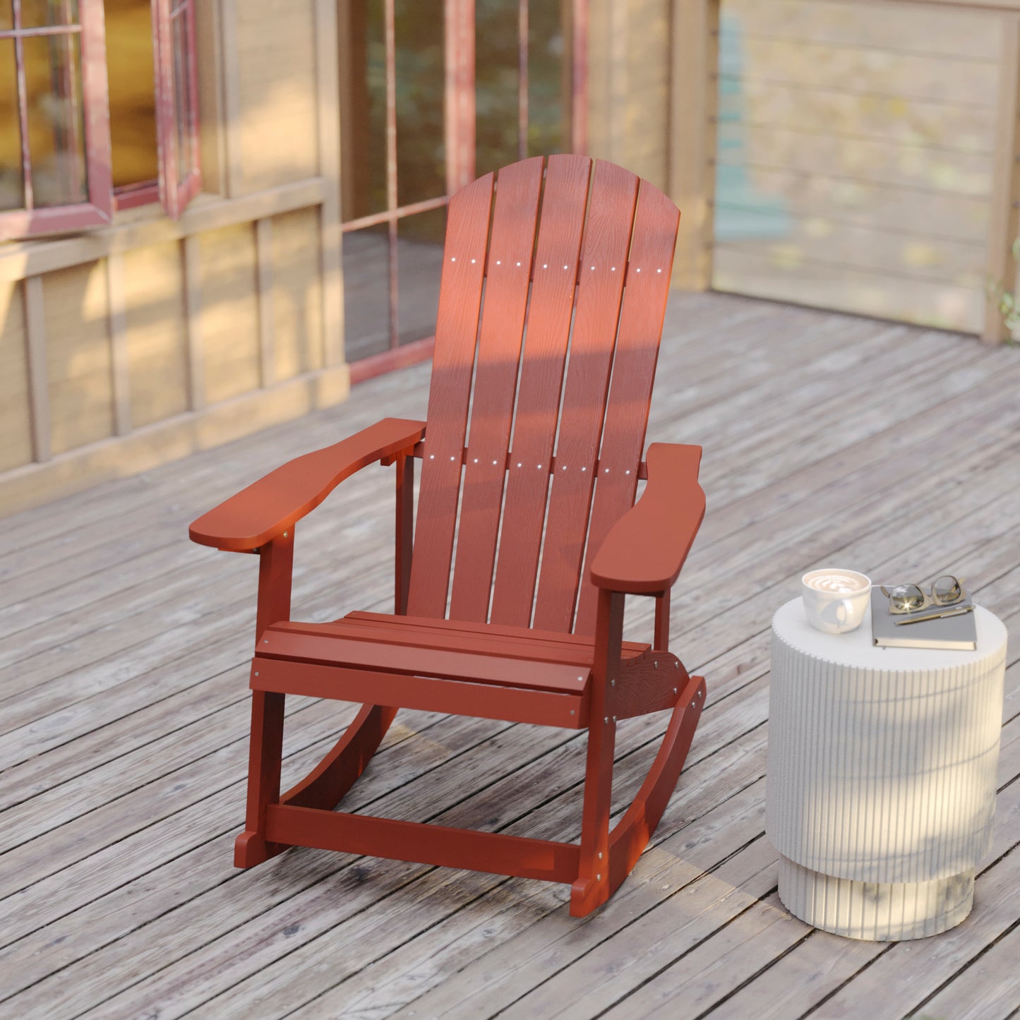 Savannah Poly Resin Wood Adirondack Rocking Chair - All Weather Red Polystyrene - Stainless Steel Hardware - Set of 2 Red JJ-C14705-RED-2-GG