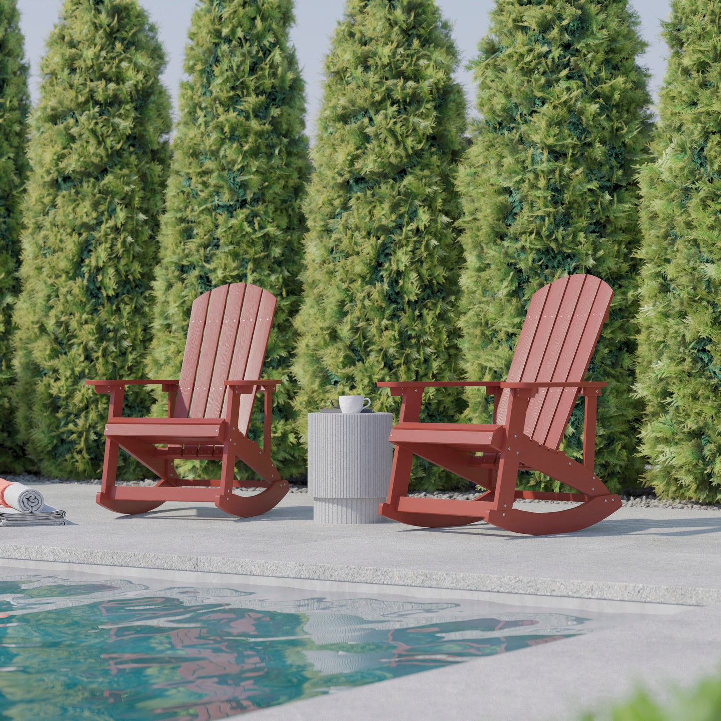 Savannah Poly Resin Wood Adirondack Rocking Chair - All Weather Red Polystyrene - Stainless Steel Hardware - Set of 2 Red JJ-C14705-RED-2-GG