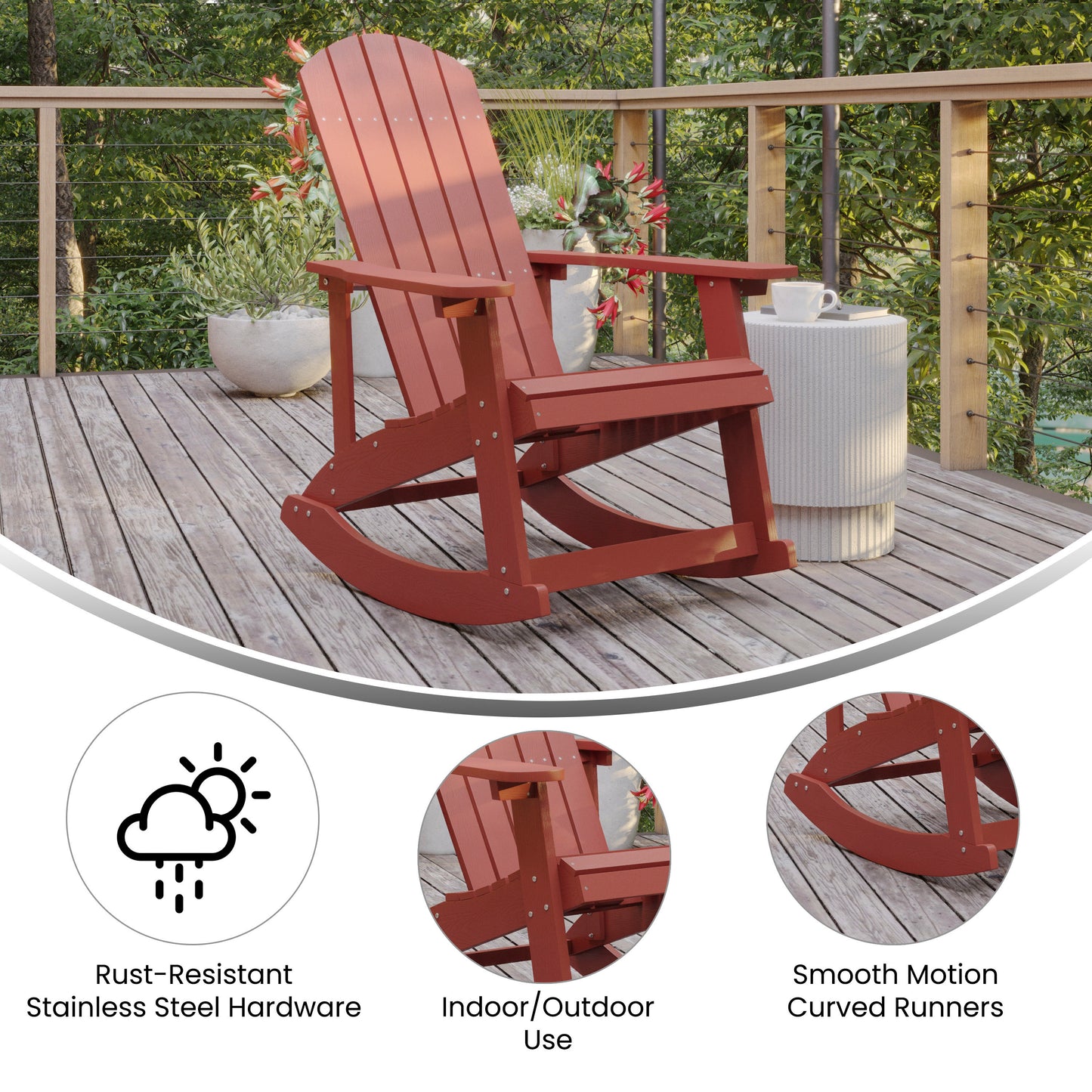 Savannah Poly Resin Wood Adirondack Rocking Chair - All Weather Red Polystyrene - Stainless Steel Hardware Red