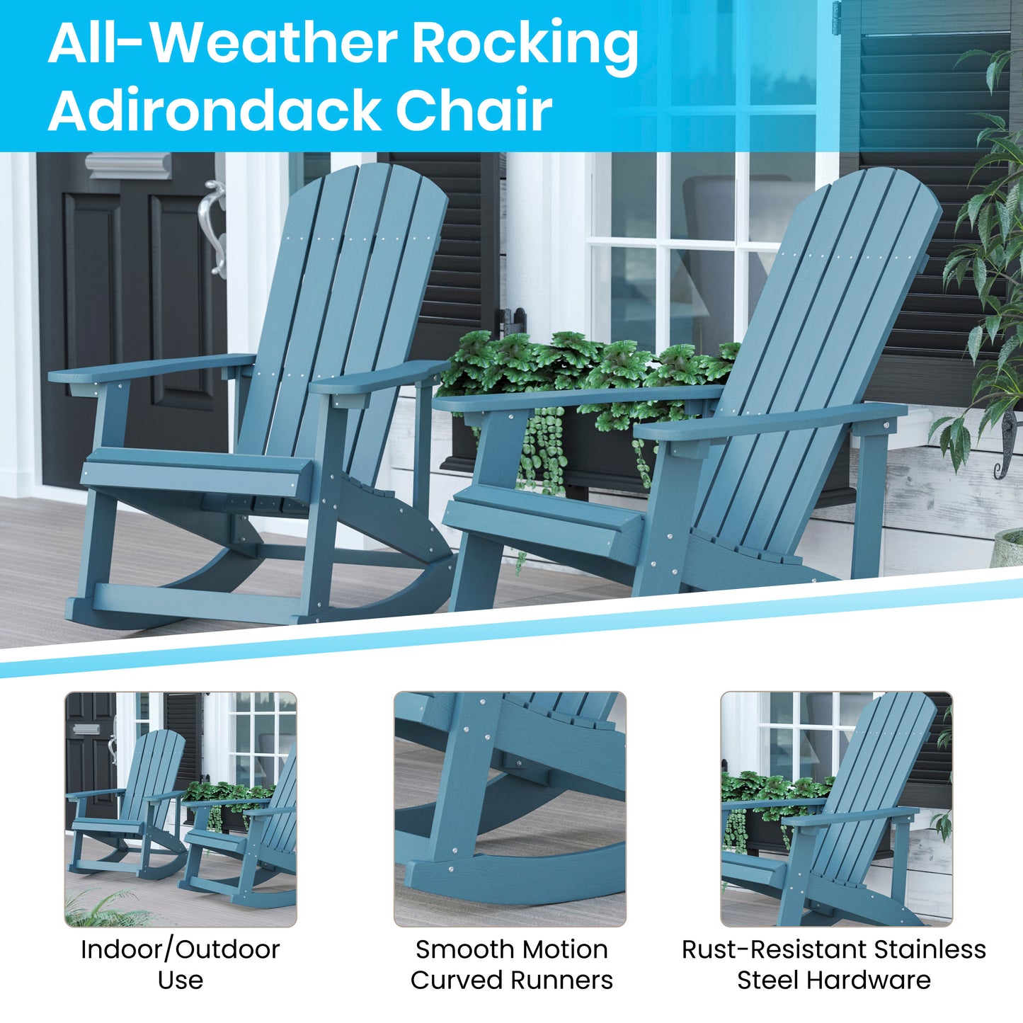 Savannah Commercial Grade All-Weather Poly Resin Wood Adirondack Rocking Chair with Rust Resistant Stainless Steel Hardware in Sea Foam - Set of 2 Sea Foam