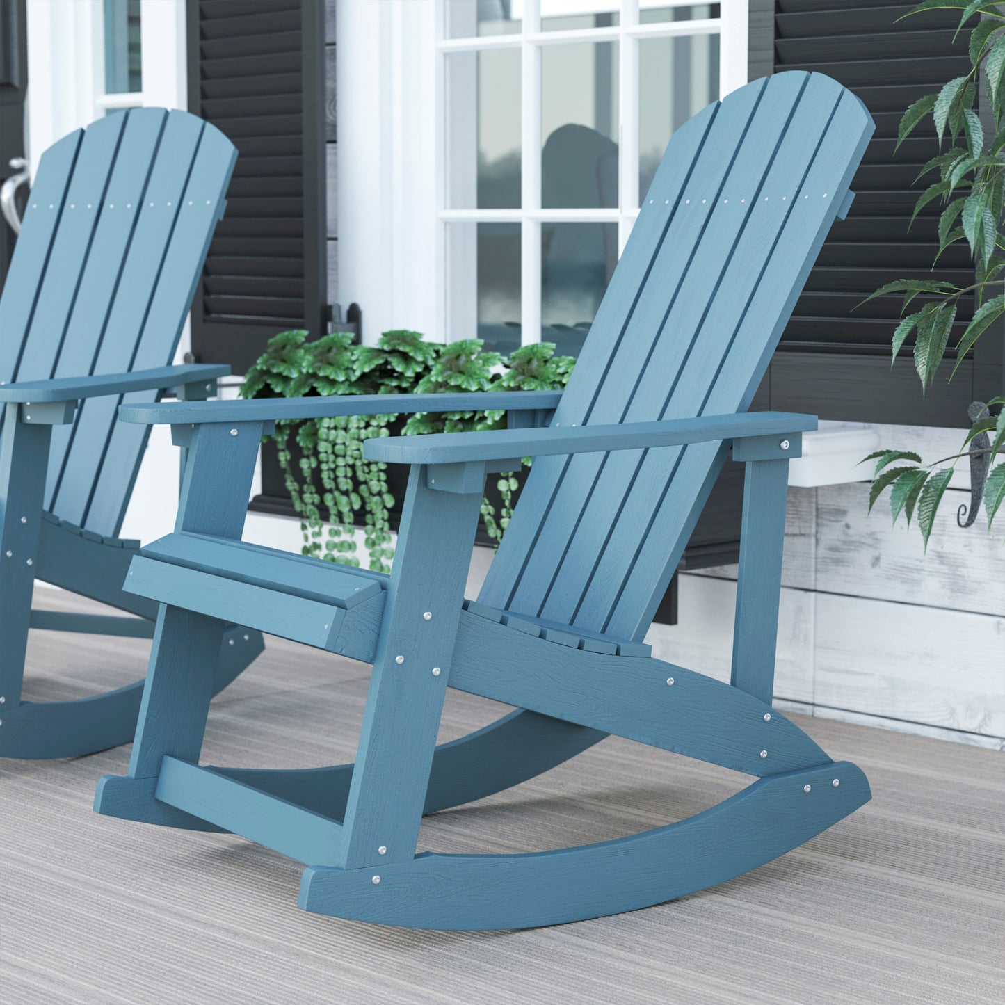 Savannah Commercial Grade All-Weather Poly Resin Wood Adirondack Rocking Chair with Rust Resistant Stainless Steel Hardware in Sea Foam Sea Foam