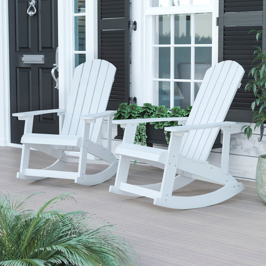 Savannah Commercial Grade All-Weather Poly Resin Wood Adirondack Rocking Chair with Rust Resistant Stainless Steel Hardware in White - Set of 2 White