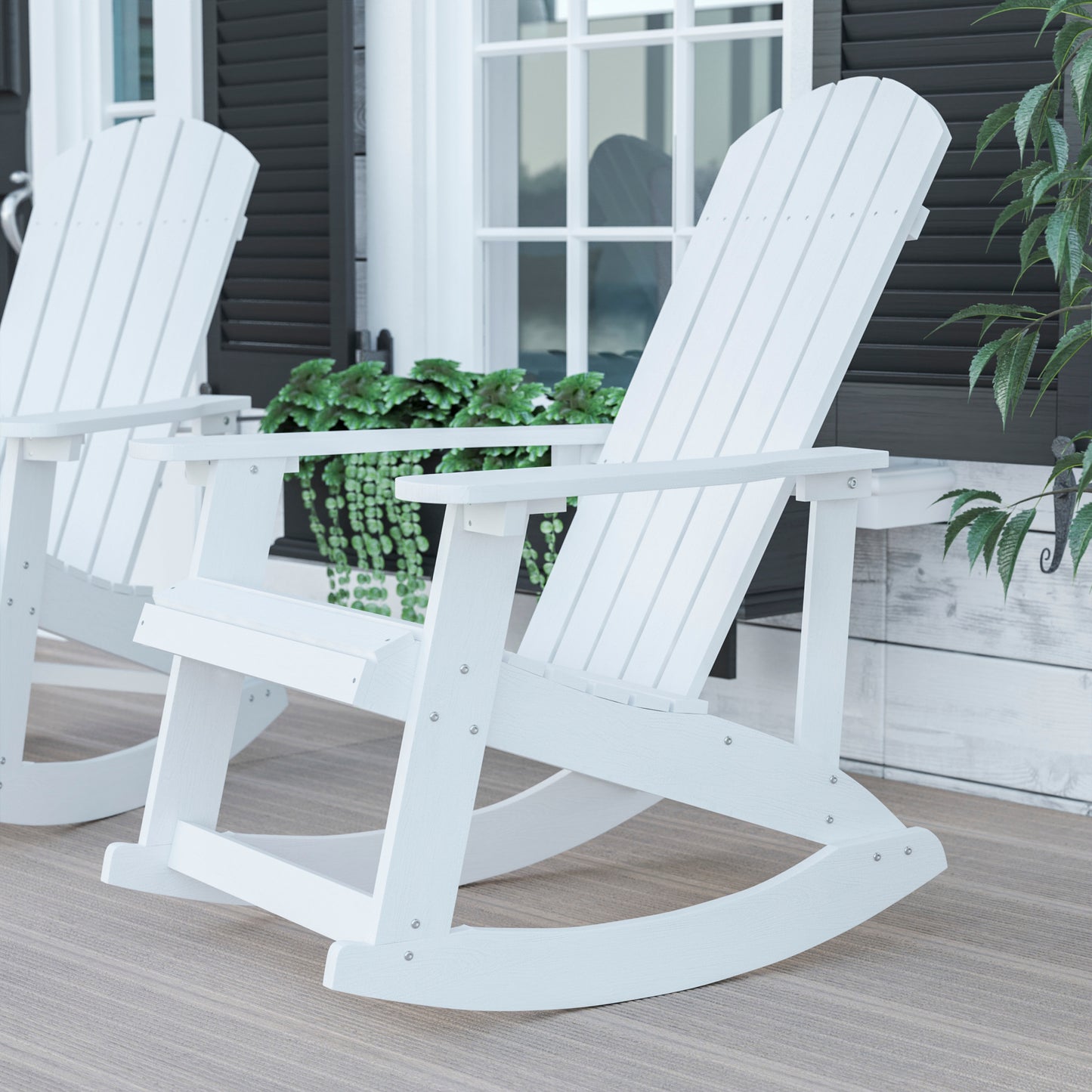 Savannah Commercial Grade All-Weather Poly Resin Wood Adirondack Rocking Chair with Rust Resistant Stainless Steel Hardware in White White