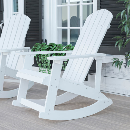 Savannah Commercial Grade All-Weather Poly Resin Wood Adirondack Rocking Chair with Rust Resistant Stainless Steel Hardware in White White