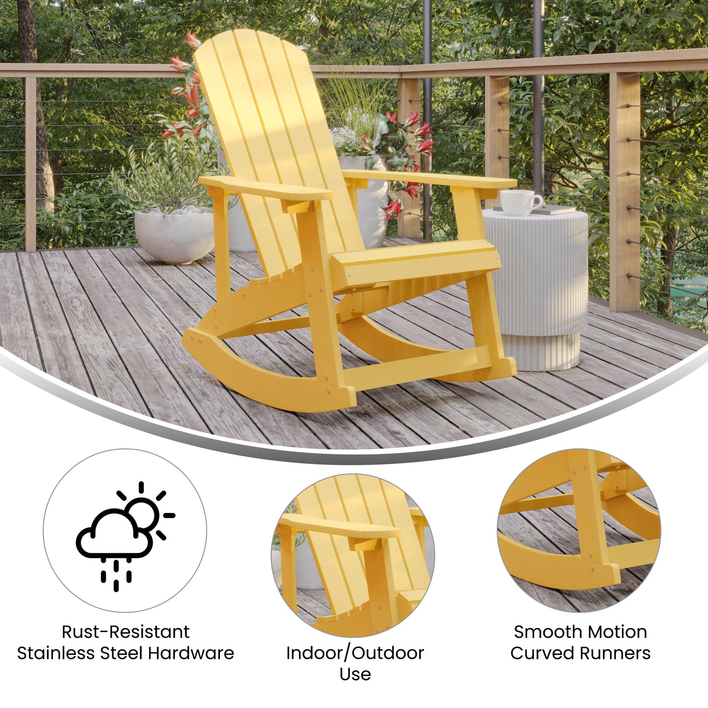 Savannah Poly Resin Wood Adirondack Rocking Chair - All Weather Yellow Polystyrene - Stainless Steel Hardware Yellow